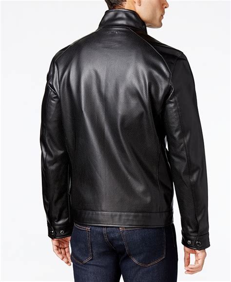 michael kors men's perforated faux-leather moto jacket|michael kors leather jacket macy's.